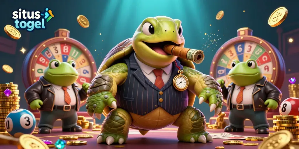 Engage with situs togel in a vibrant 3D illustration featuring a turtle and bullfrogs amid lottery elements.
