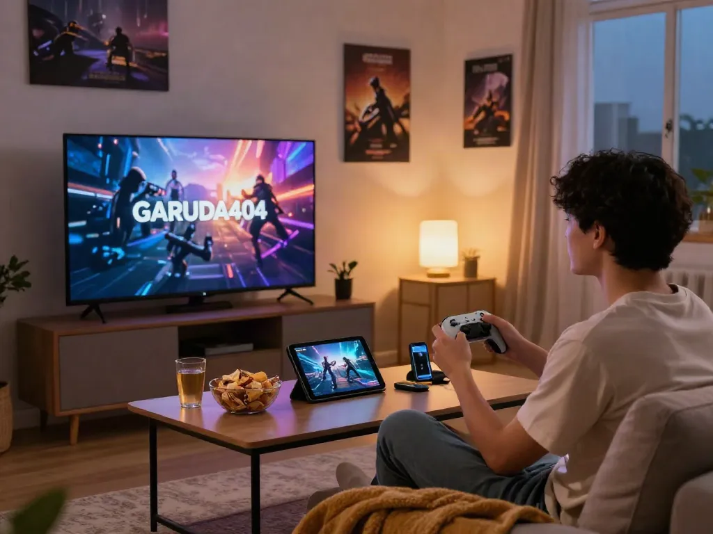 Engaging user enjoying garuda 404 digital entertainment on smart TV in cozy living room