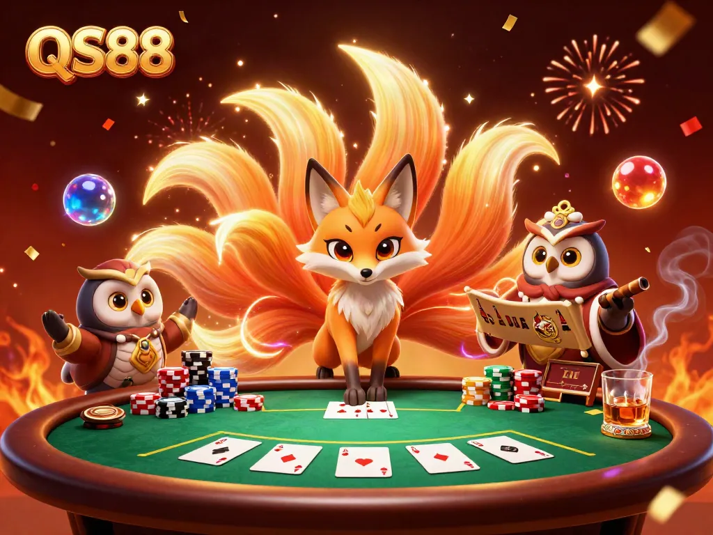 Engage with QS88's dynamic gaming experience featuring poker chips and ethereal casino spirits.