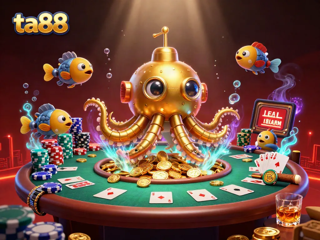 Engage in thrilling gameplay with ta88's vibrant 3D casino scene featuring poker elements and a kraken submarine.
