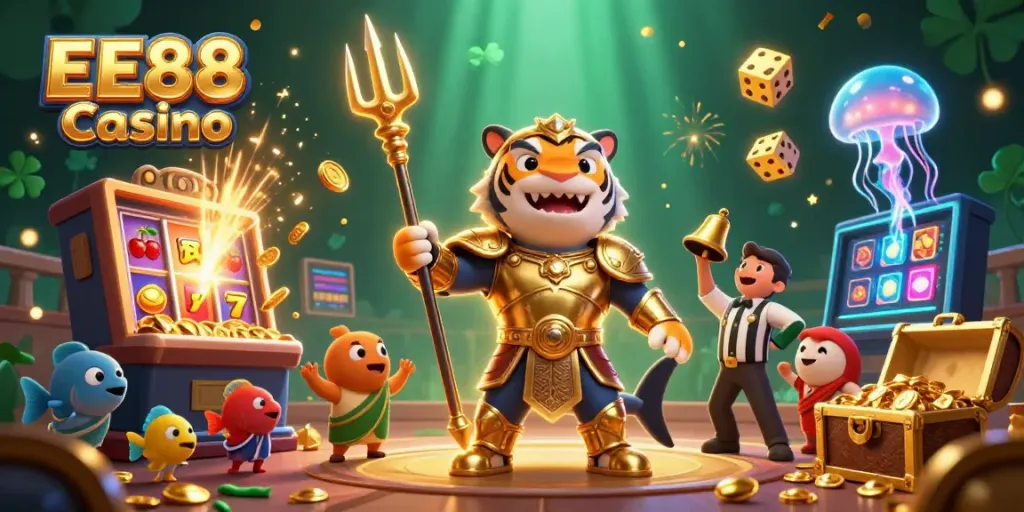 Experience the thrill of EE88 Casino with a dynamic underwater gaming scene featuring a heroic shark and slot machine jackpot.