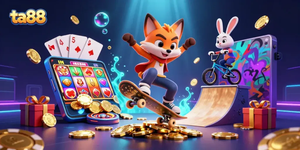 Watch the ta88 fox perform exciting tricks over golden poker chips in a vibrant casino universe