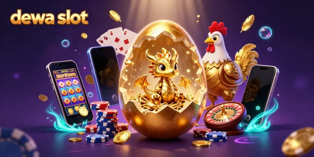Engage with the dewa slot scene featuring a golden dragon and poker chips amidst a vibrant casino setting.