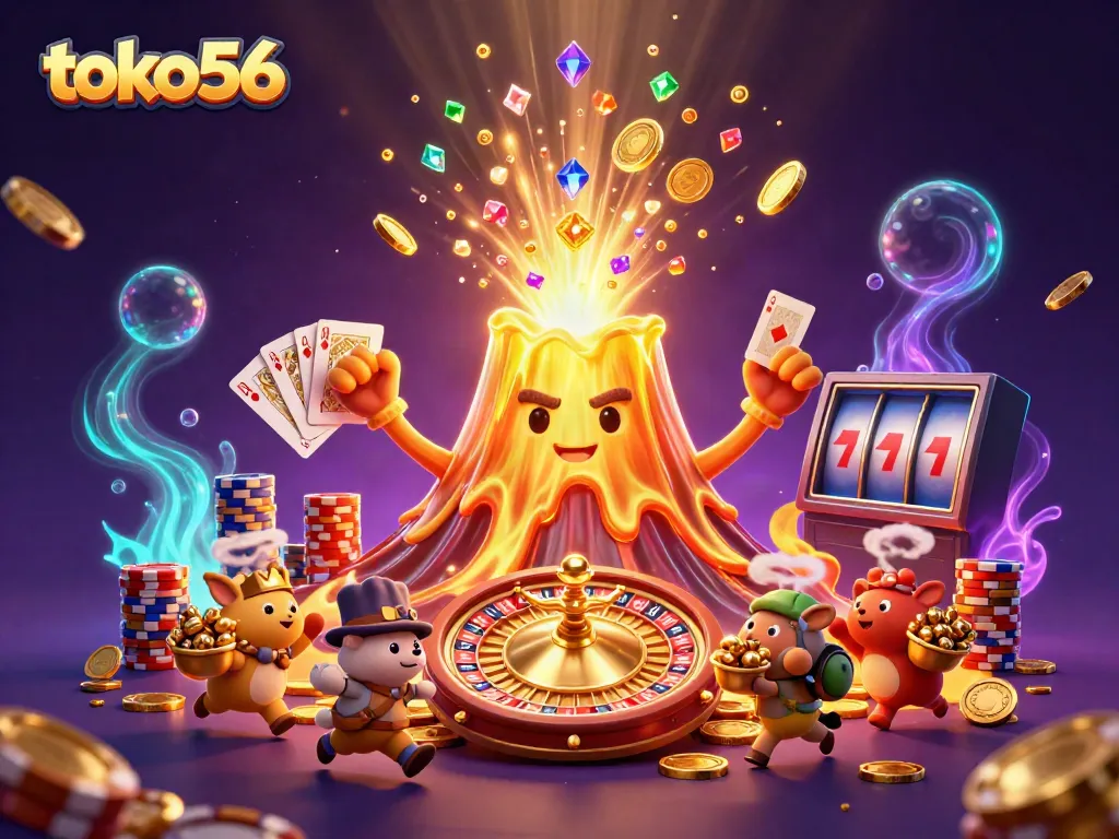 Experience thrilling action at toko56 with treasure-filled 3D casino scene featuring cascading coins and vibrant characters.