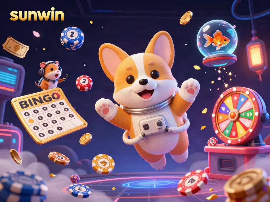 Experience the vibrant gaming world of sunwin with playful characters and floating lottery elements.