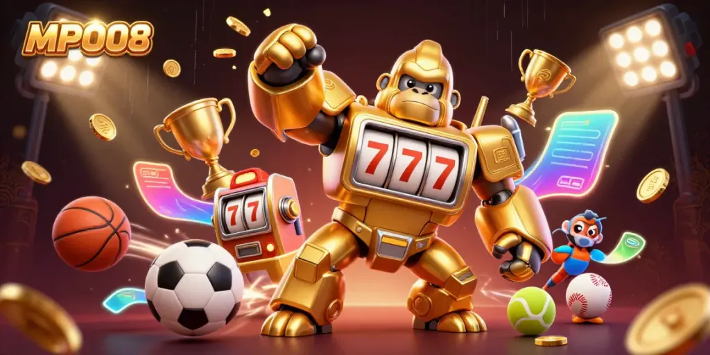 MPO08 powers ahead with a dynamic golden gorilla mech and sports elements in a vibrant casino scene.