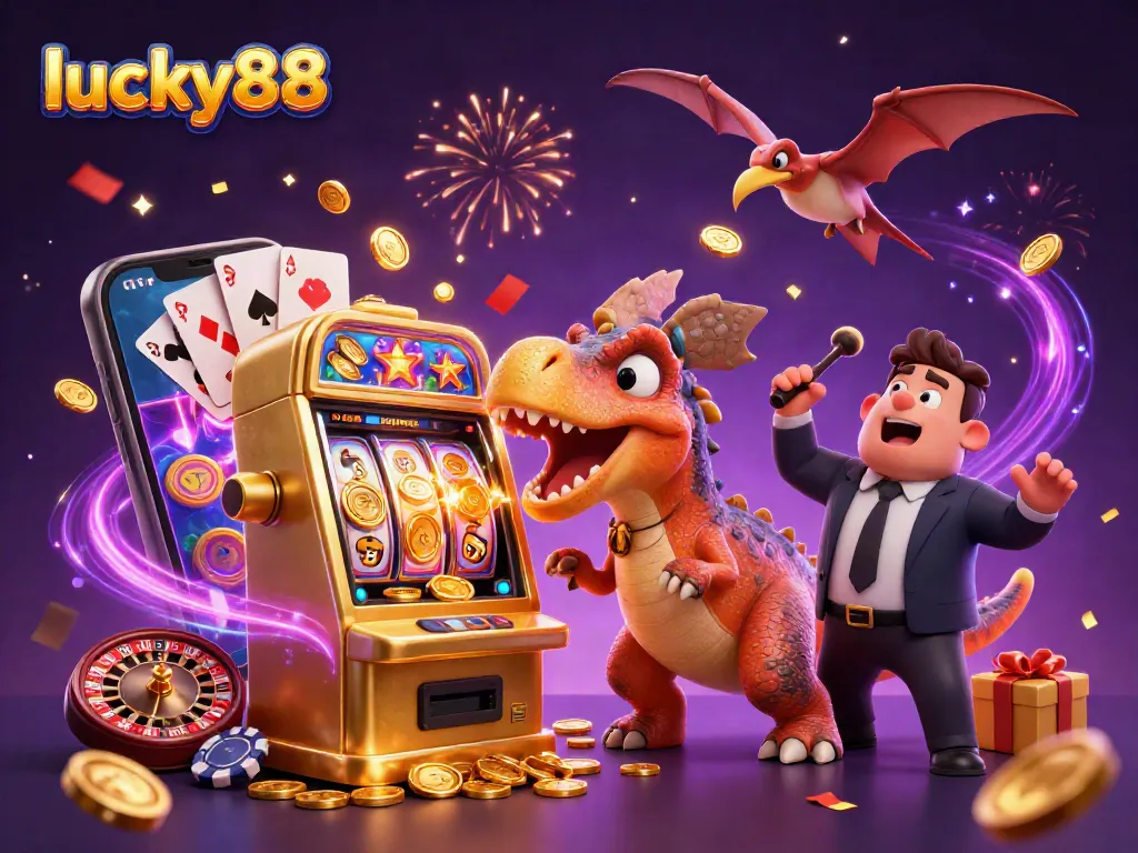 Experience the excitement at lucky88 as a pachycephalosaurus wins jackpot coins from a slot machine.