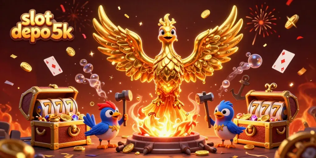 Engage with interactive slots at slot depo 5k, featuring a rich scene of a golden phoenix and vibrant casino elements.