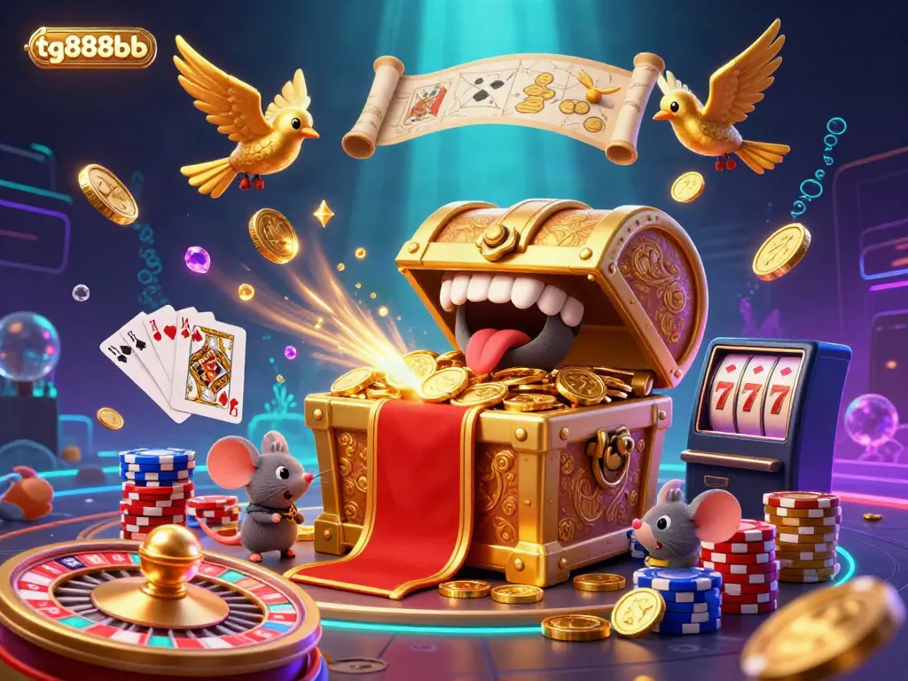 Engaging adventurer mice discover riches from tg888bb's golden treasure chest in an exciting casino scene.