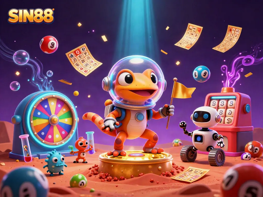 SIN88 engages in thrilling casino exploration as a Martian gecko uncovers treasures and lottery excitement.