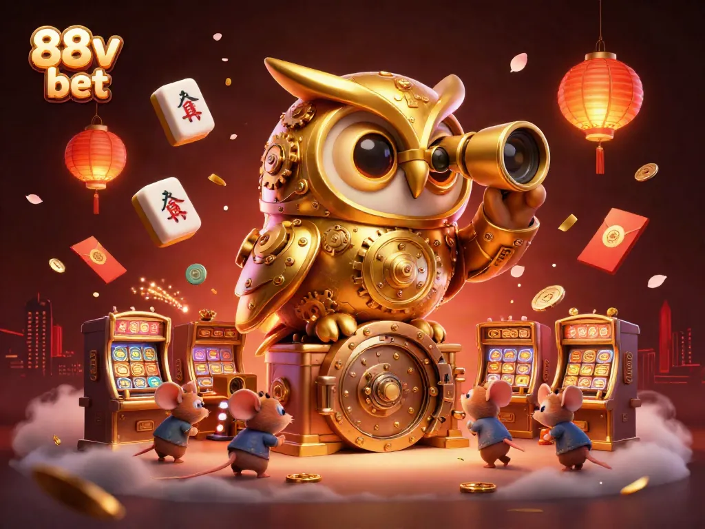 Experience the excitement of 88v bet with dazzling casino elements and a whimsical owl character.