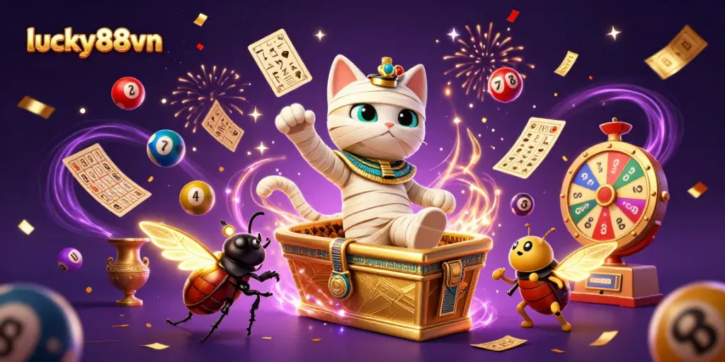Engage in thrilling gaming with lucky88vn, featuring a mummy cat and vibrant lottery elements.
