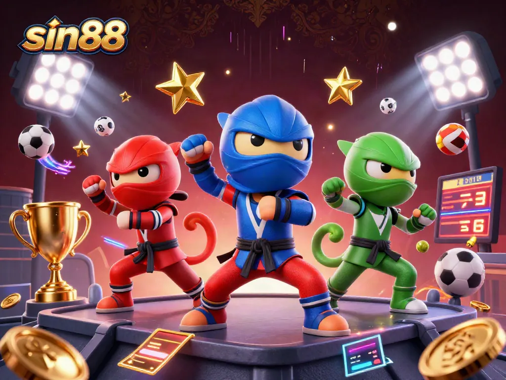 sin88 showcases an exciting sports betting atmosphere with dynamic characters and vibrant game elements.