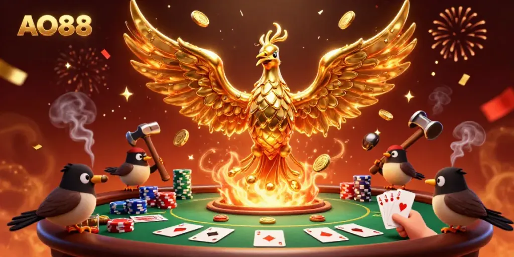 Engage in the vibrant excitement of AO88 with a molten metal phoenix and poker elements.
