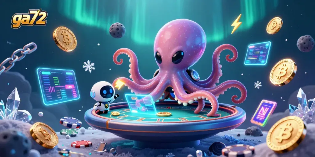 Experience thrilling gaming action with ga72's dynamic casino scene featuring an alien octopus and NFT elements.