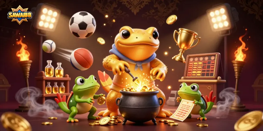 SAWA888 showcases a magical casino scene with golden alchemists and dynamic sports elements.