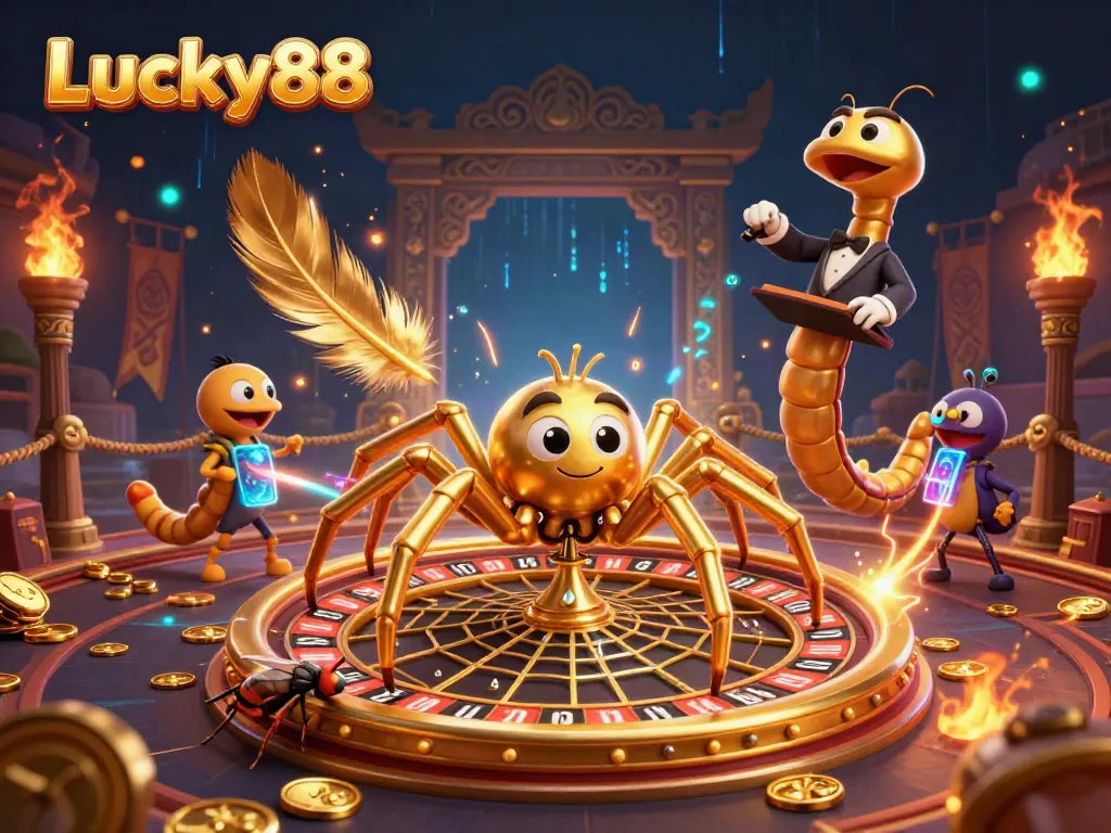 Place bets with Lucky88 as the golden spider spins a roulette wheel web in a dynamic casino setting.