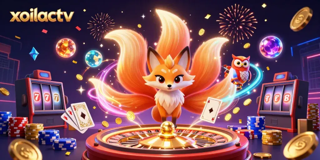 Experience the excitement of xoilactv with a colorful digital illustration featuring a nine-tailed fox and wise owl amidst coins and games.