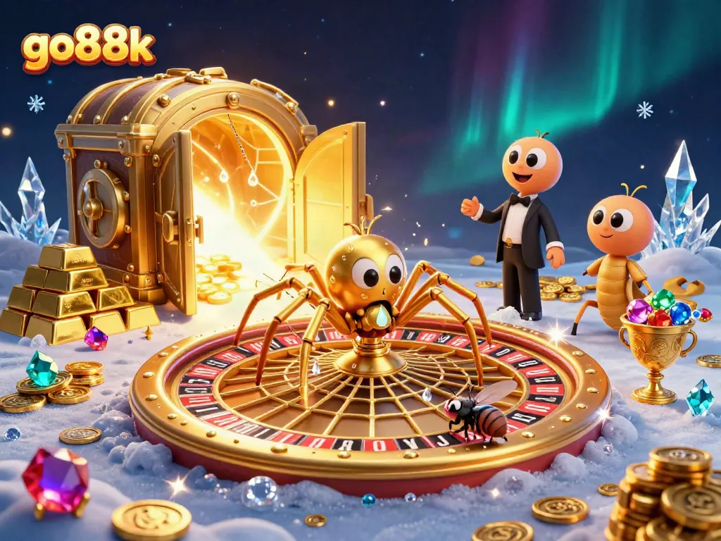 Engage with go88k online casino gaming featuring a golden spider crafting a roulette web.