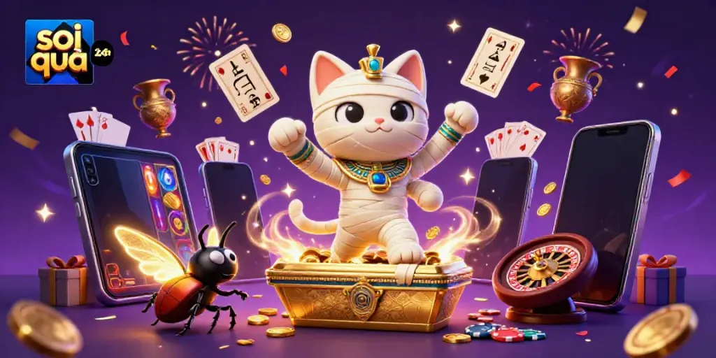 Enjoy the vibrant energy of soi cầu 24h with a 3D mummy cat and magical casino elements.