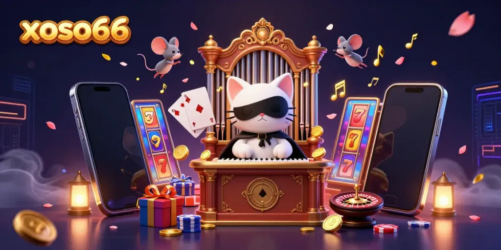 Xoso66 showcases an exciting casino scene with a captivating white cat and dynamic gaming elements.