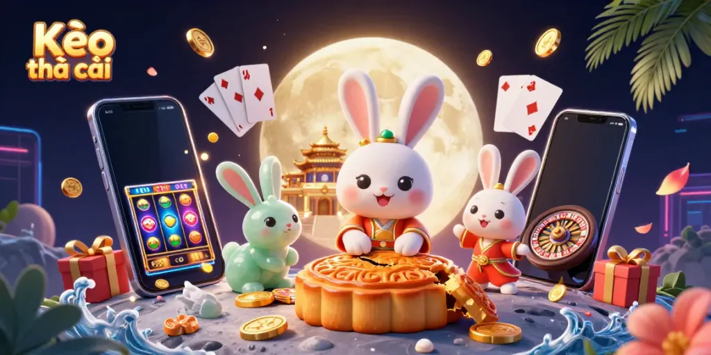 Engage with Kèo nhà cái through a vibrant 3D scene showcasing a moon rabbit and casino elements.