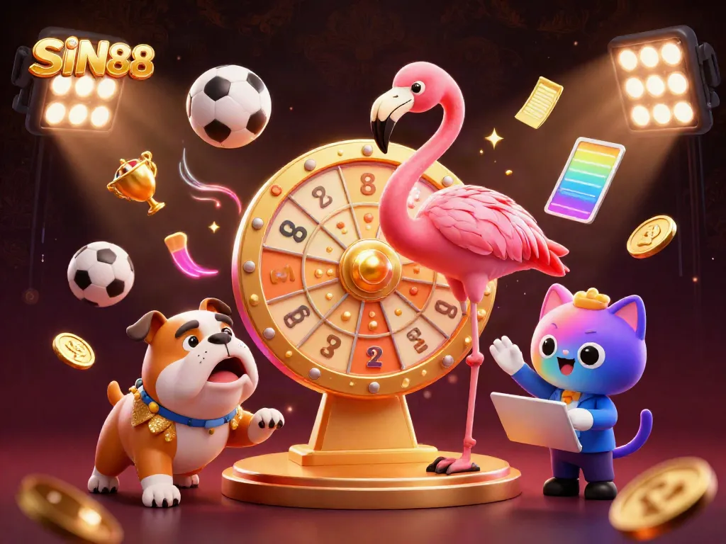 Experience the thrill of SIN88 with dynamic sports elements and cartoon characters celebrating victory!