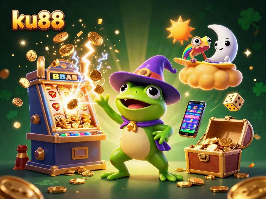 Experience the excitement of ku88 with a wizard frog and chameleon in a vibrant casino scene.