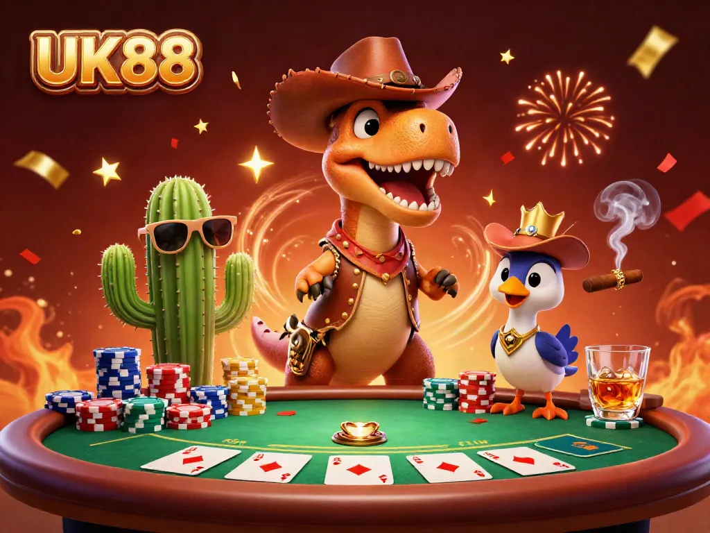 Engage in thrilling poker action with UK88's vibrant 3D casino illustration featuring unique characters!