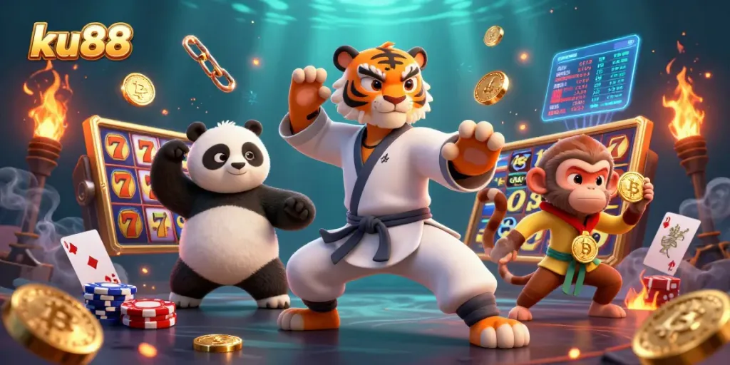Engage with ku88's thrilling gaming experience featuring 3D characters amidst vibrant slot and crypto elements.