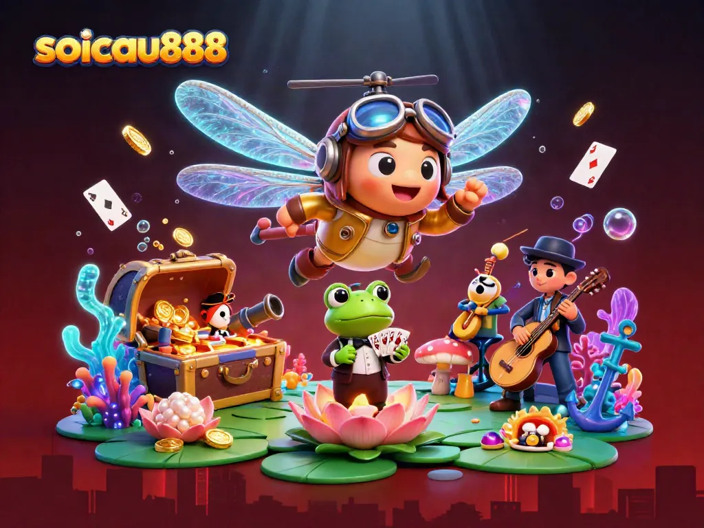 Engage with soicau888's playful casino atmosphere with a dragonfly pilot and frog croupier.
