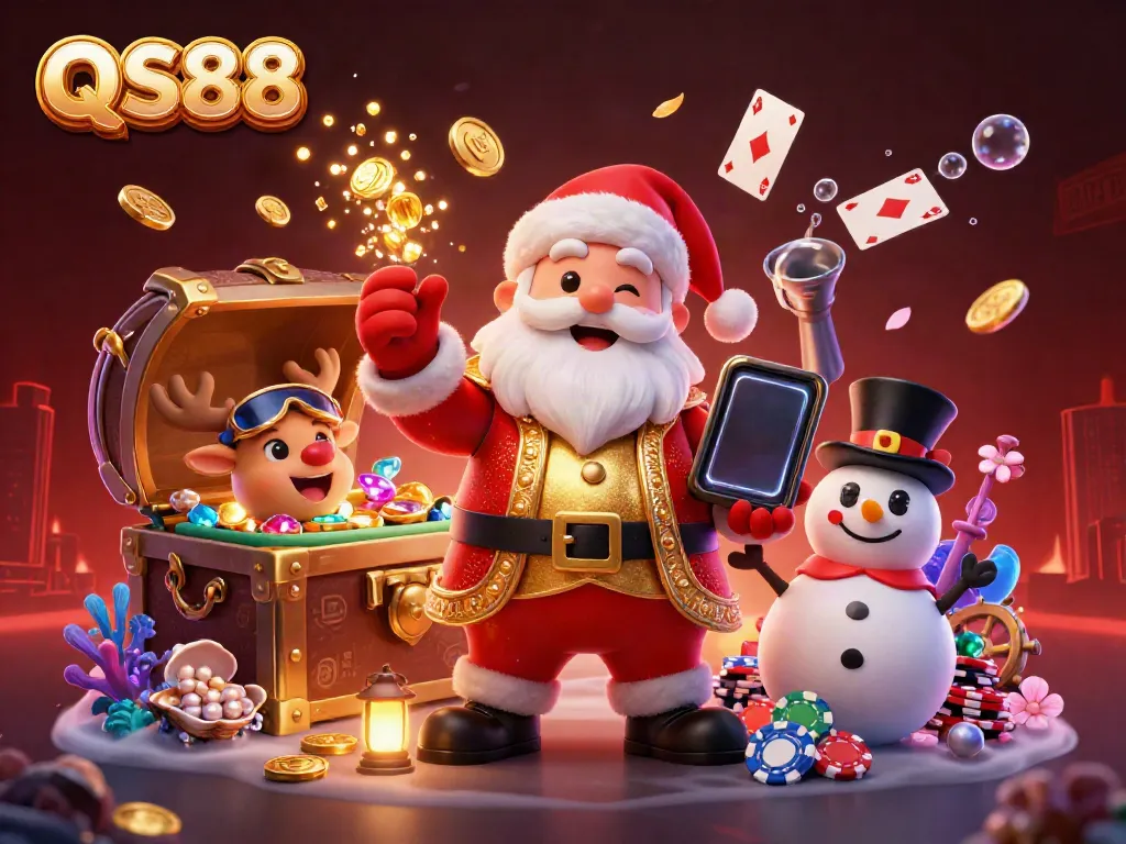 Engage with the exciting world of QS88 Casino featuring Santa and friends in a colorful casino setting.