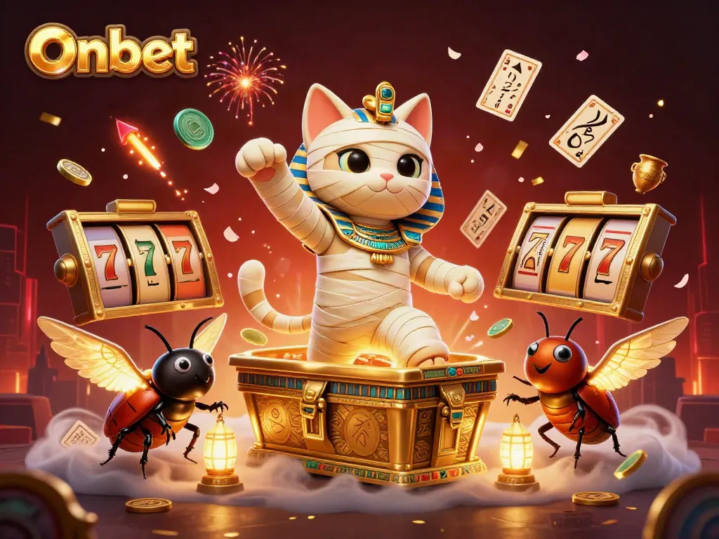 Experience the thrill of Onbet with a vibrant 3D illustration featuring a mummy cat and casino elements.