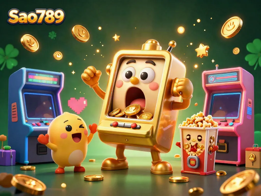 Sao789 slot machine winning jackpot surrounded by cheerful baby machines and gaming elements.
