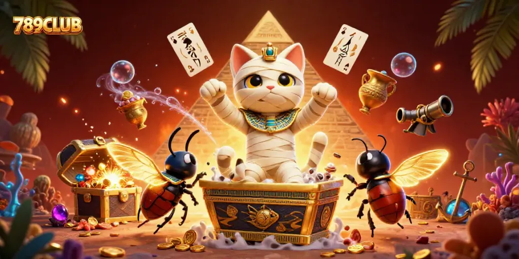 Engage with thrilling games at 789CLUB featuring an Egyptian mummy cat and treasure in a vibrant casino.