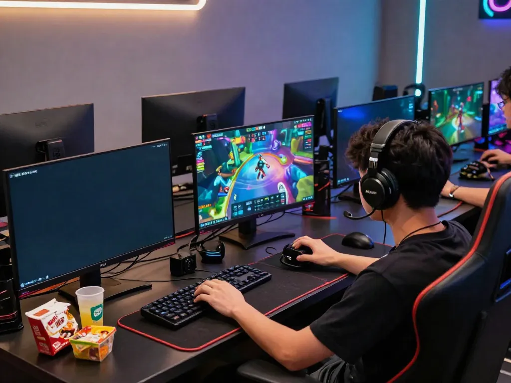 Exciting dynamic scene of a gamer on cổng game hitclub enjoying an immersive multi-screen gaming experience.