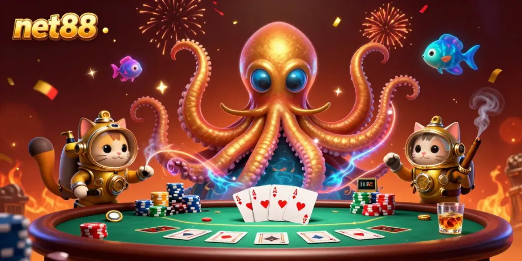 Join thrilling poker action with net88, as the kraken, diving cat, and glowing fish create an epic underwater adventure.