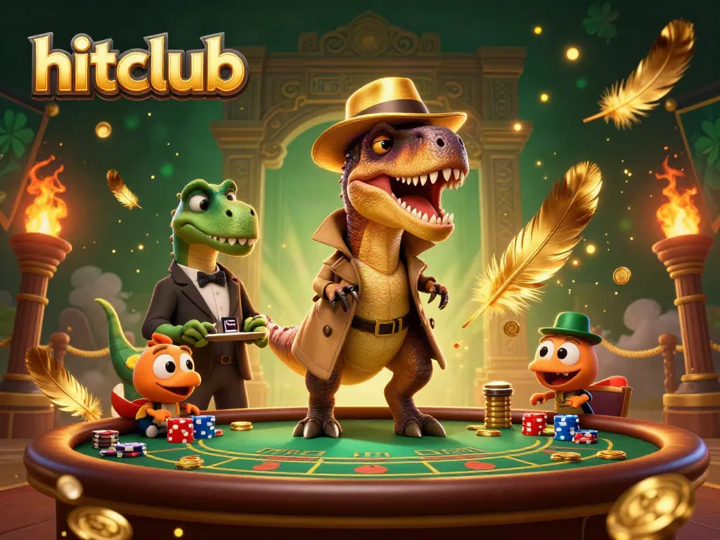 Hitclub velociraptor card counter blends in at a blackjack table, amidst a vibrant casino scene.