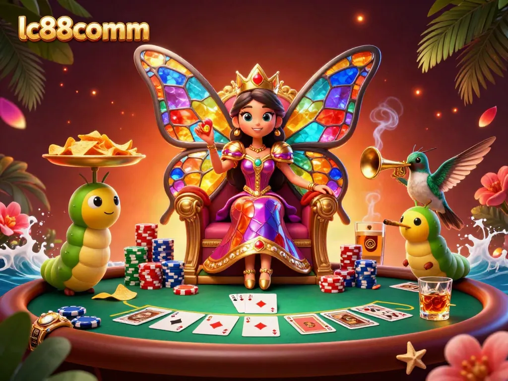 lc88comm casino scene featuring vibrant gambling elements with a royal butterfly queen illustration.