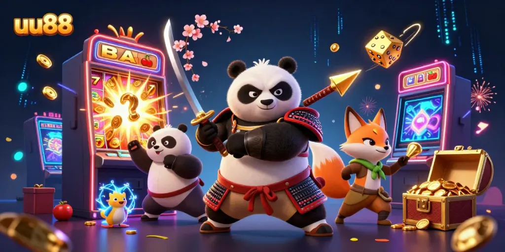 Experience exciting gameplay with uu88 as a samurai panda and ninja fox celebrate big wins in a colorful virtual casino.