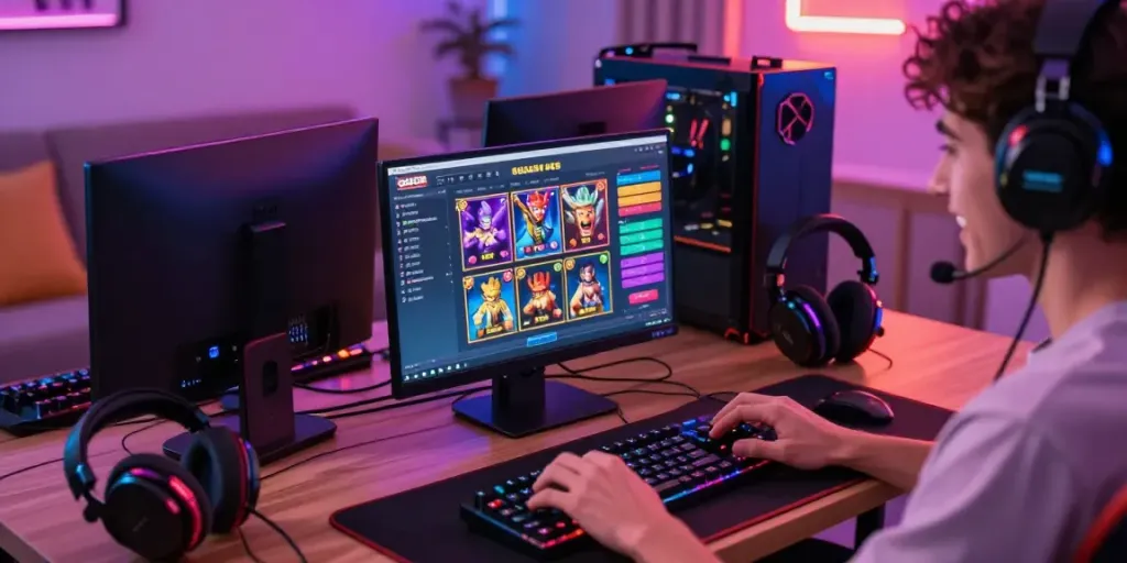 Player engaged in slot gacor games on a laptop in a vibrant gaming room.