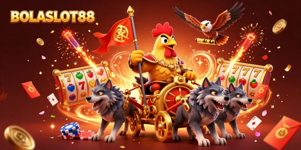 BOLASLOT88 showcases a thrilling scene of a rooster warlord with slot reels and poker elements in a vibrant casino atmosphere.