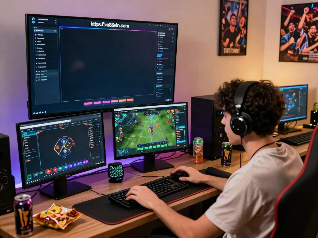 Enthusiastic player engaged in live betting on https://five888vin.com/ with vibrant gaming setup and esports highlights.