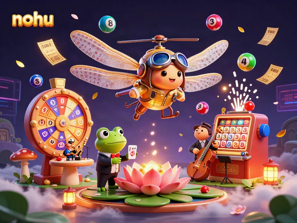 Experience thrilling nohu gameplay with a whimsical casino scene featuring a dragonfly pilot and frog dealer.