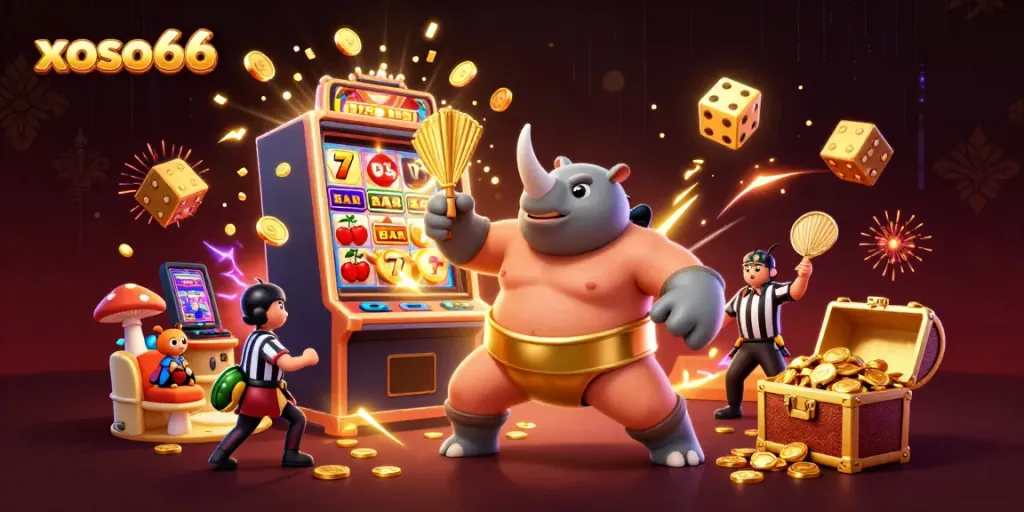 Experience thrilling gameplay with xoso66, featuring a powerful beetle champion and vibrant casino elements.