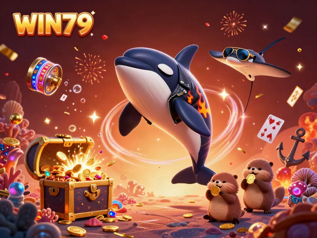 WIN79 showcases an energetic 3D scene of gaming excitement with vibrant characters and golden treasures.