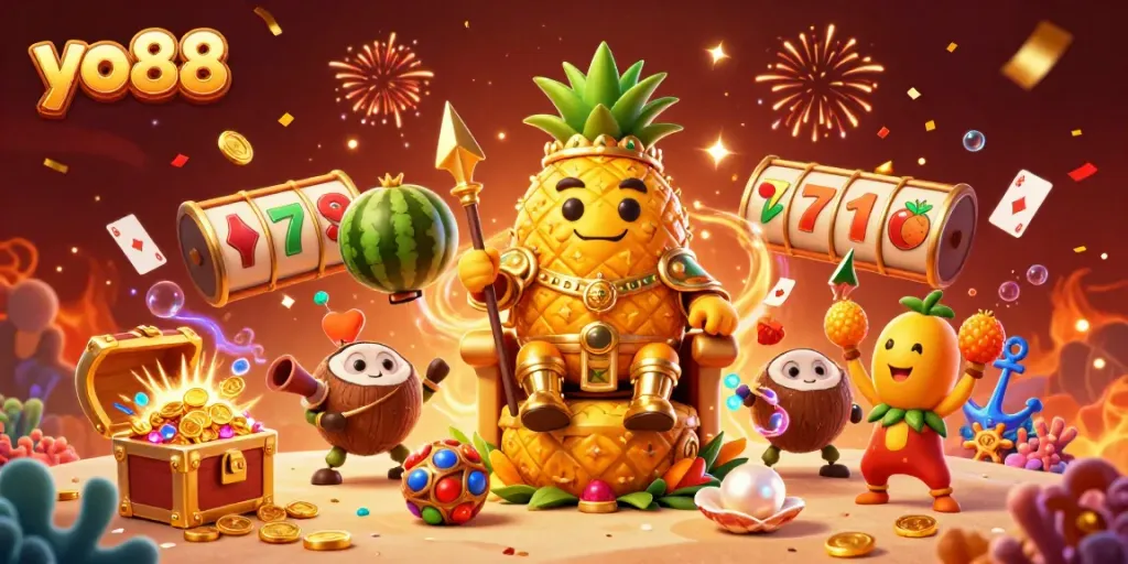 Experience yo88's vibrant beach casino with a golden pineapple king and lively game elements.
