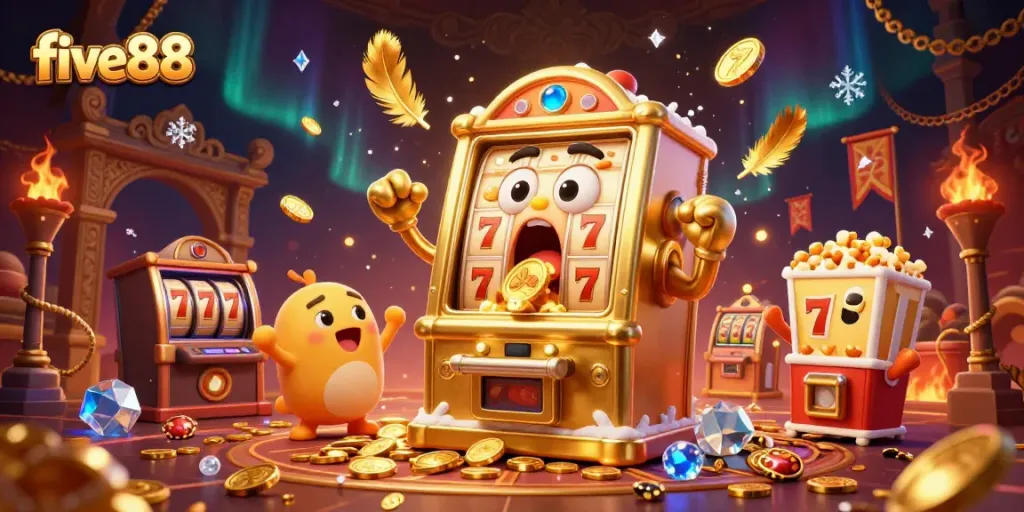 five88 casino slot machine celebrates jackpot win with coins pouring out, lively scene full of excitement