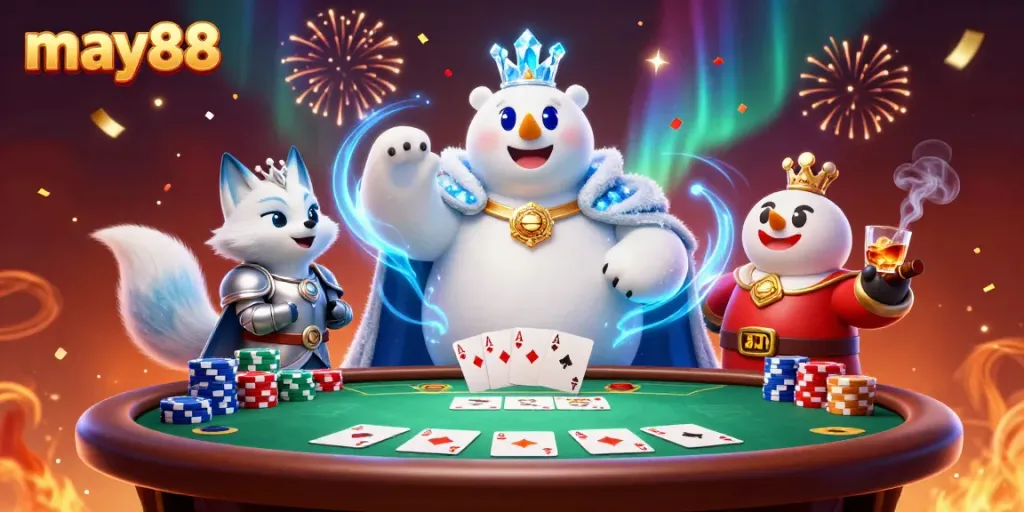 Experience may88's dynamic poker scene with a polar bear and snow fox champions amidst vibrant casino elements.