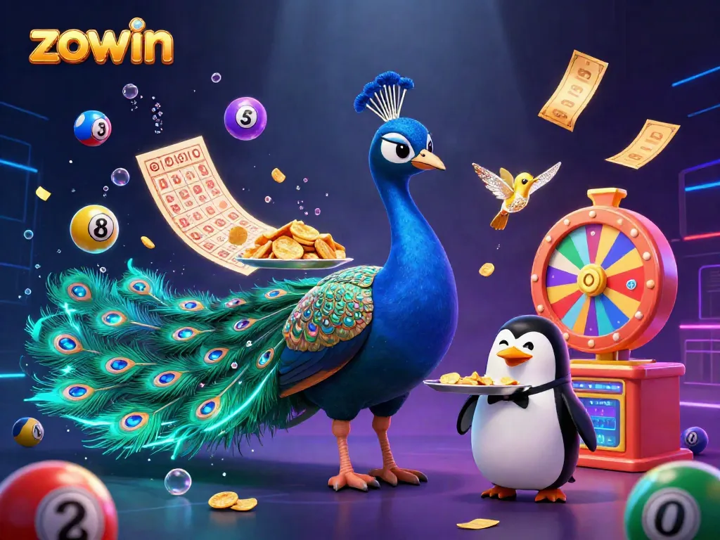 Experience thrilling gameplay with Zowin's vibrant 3D casino illustration featuring a magical peacock and lively elements.